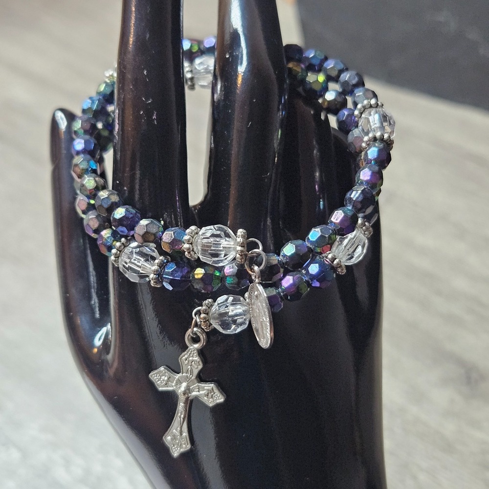 iridescent purple clear faceted bead Rosary wrap Bracelet Cross Miraculous Medal